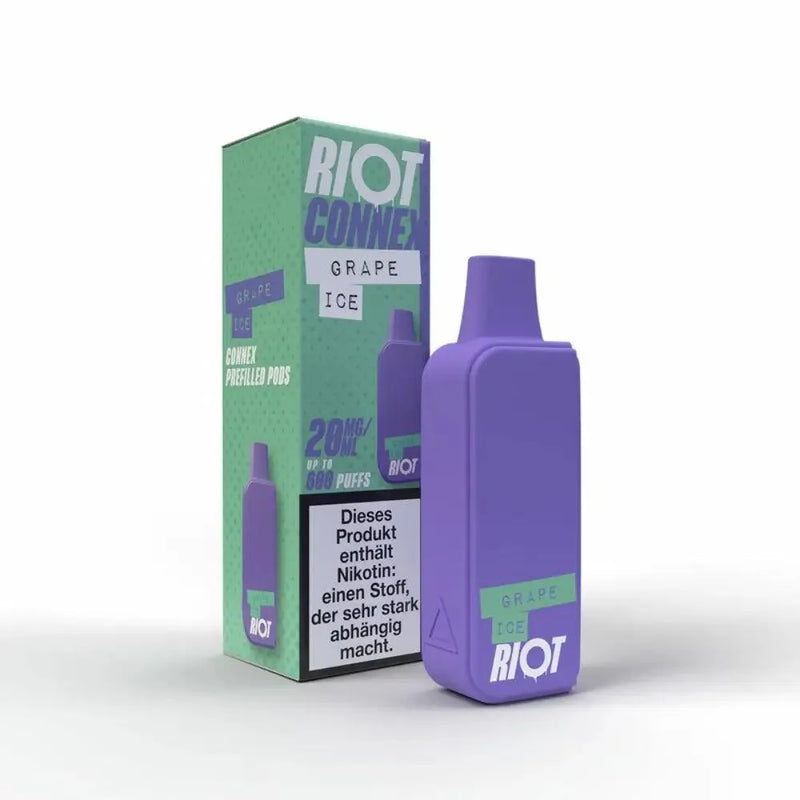 Riot Connex Grape Ice E-Zigaretten Pods mit 20 mg Nikotin, 2 Stück in lila und grüner Verpackung