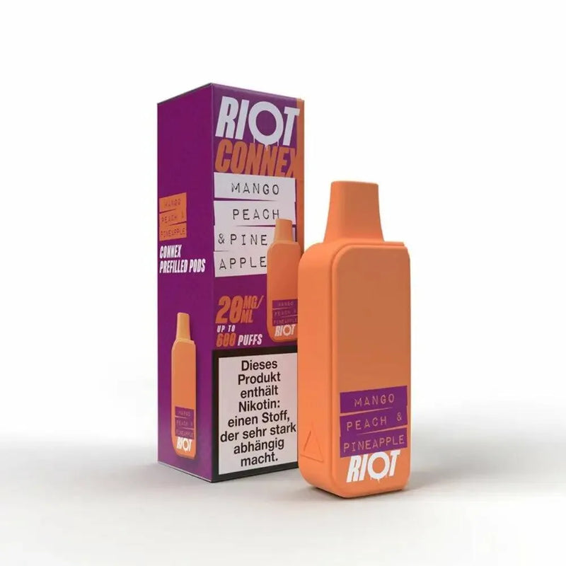 Riot Connex Mango Peach Pineapple vorgefüllte Pods mit Nikotinwarnung, lila-orange Verpackung
