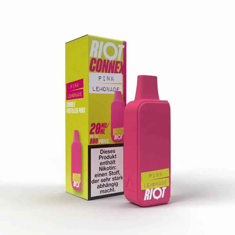 Riot Connex Pink Lemonade Einweg E-Zigarette mit 20mg Nikotin und 680 Zügen, pink-gelbe Verpackung