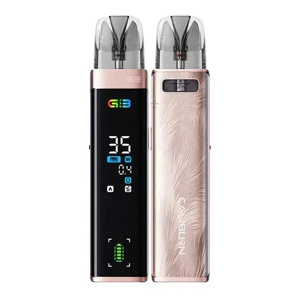 Roségoldfarbene elektronische Vape mit digitalem Display und einzigartigem Federdesign auf der Rückseite