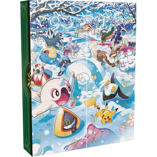 Pokémon Winter Adventskalender mit Pikachu, Schneelandschaft und verschiedenen Pokémon wie Frosmoth und Rehm