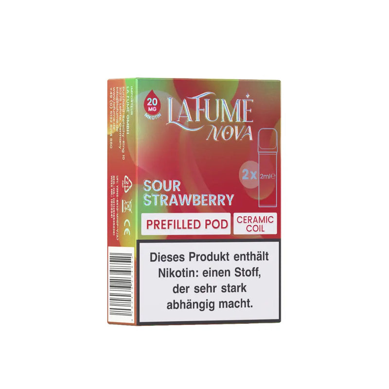 LA FUMÉ NOVA Sour Strawberry vorgefüllte Pod mit 20 mg Nikotin und Keramikspule, Warnhinweis
